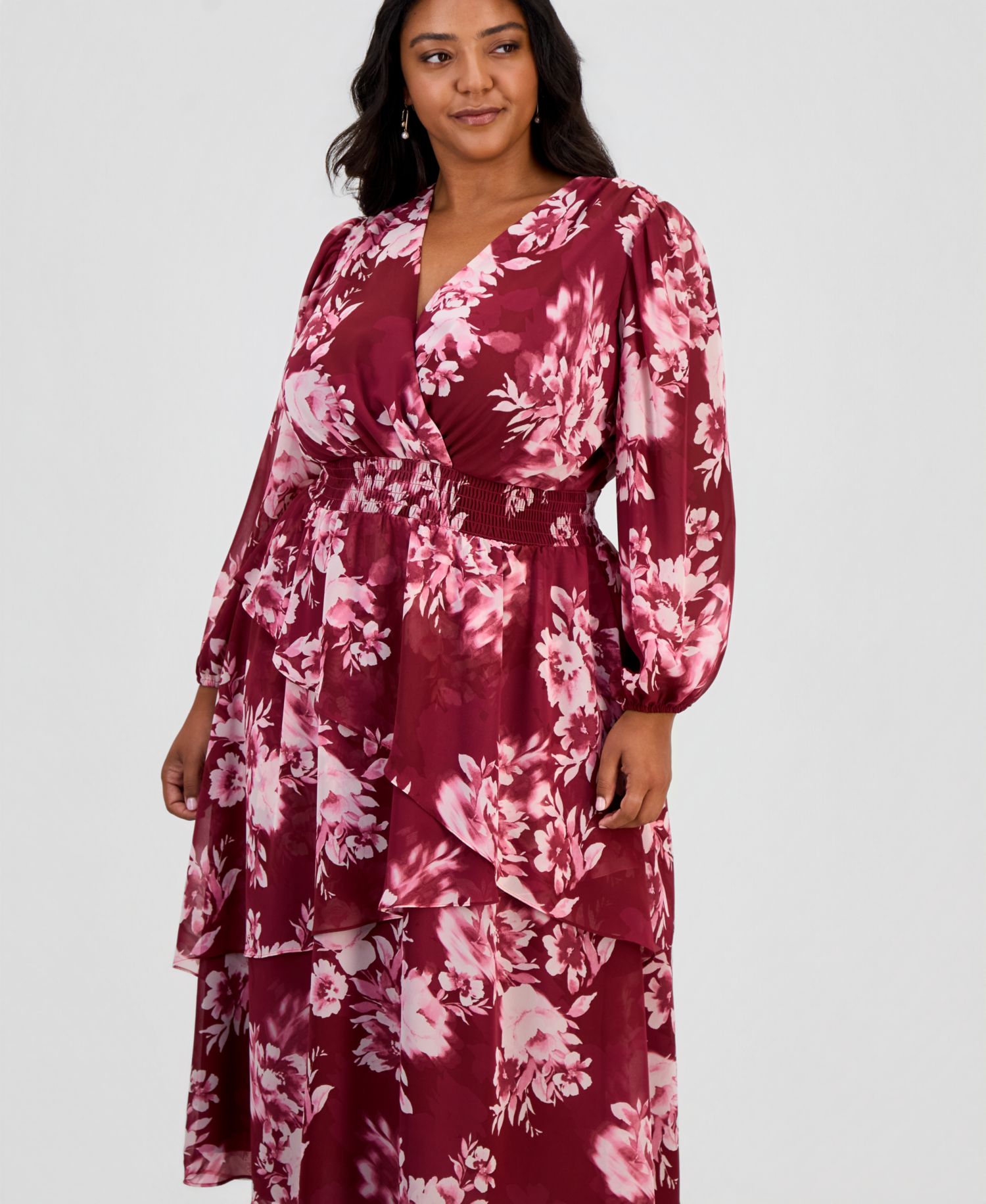 Plus Size Long-Sleeve V-Neck Tiered Midi Dress