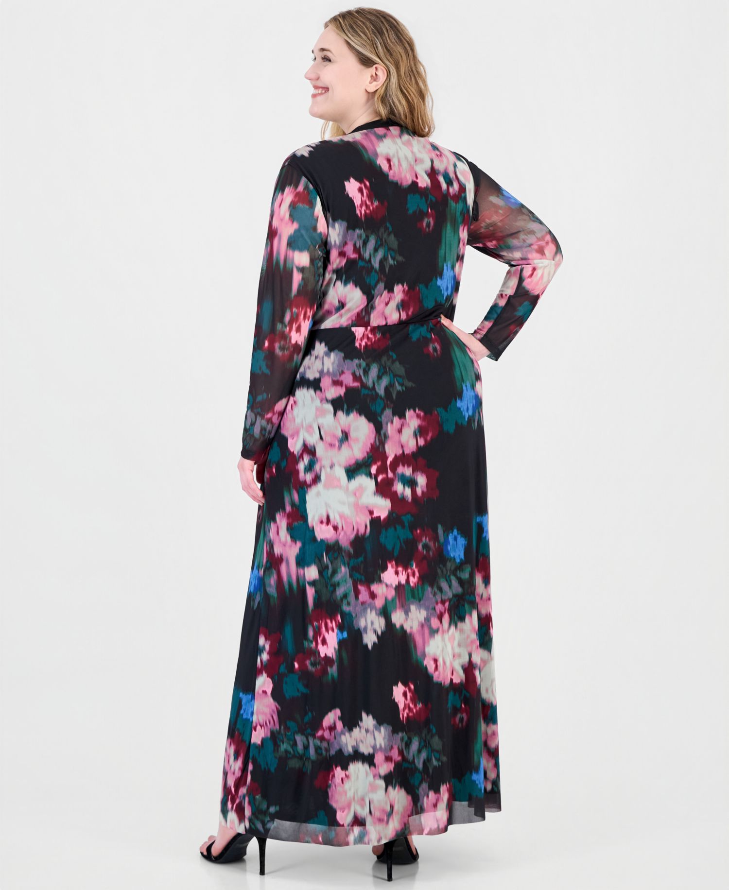 Plus Twist Front Maxi Floral Long-Sleeve A-Line Dress