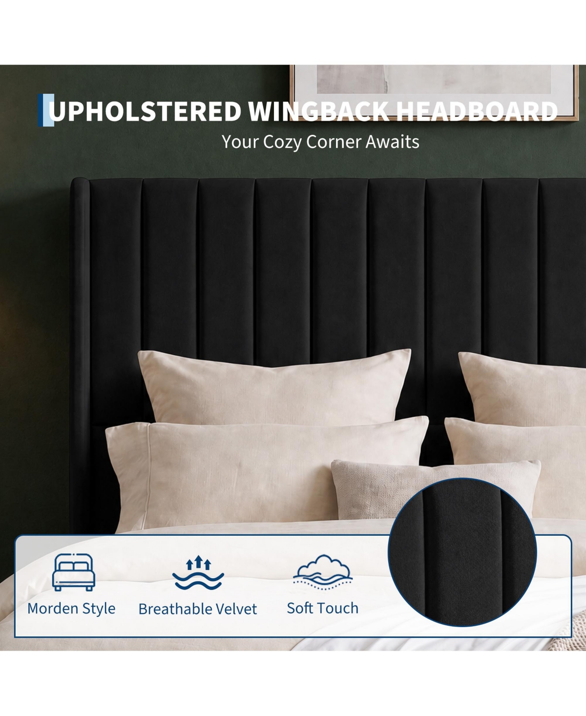 Upholstered Platform Bed Frame with 52 Inch High Vertical Channel Tufted Wingback Headboard, Wooden Slat Support
