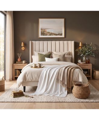 Upholstered Platform Bed Frame with 52 Inch High Vertical Channel Tufted Wingback Headboard, Wooden Slat Support, No Box Spring Needed