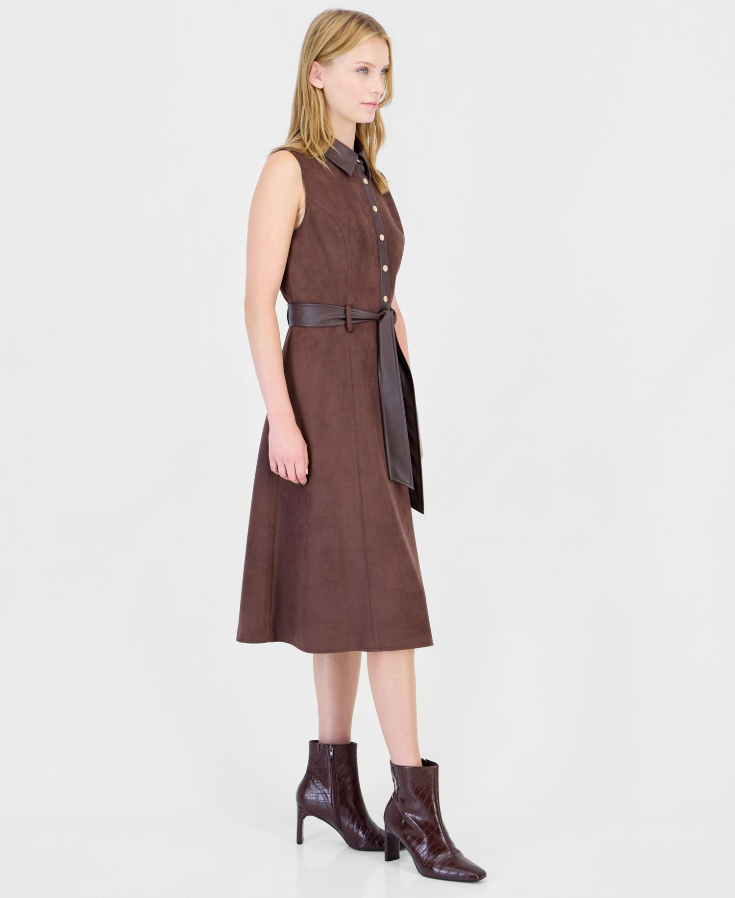 Women's Fit-and-Flare Collared Sleeveless Faux Suede Midi Dress