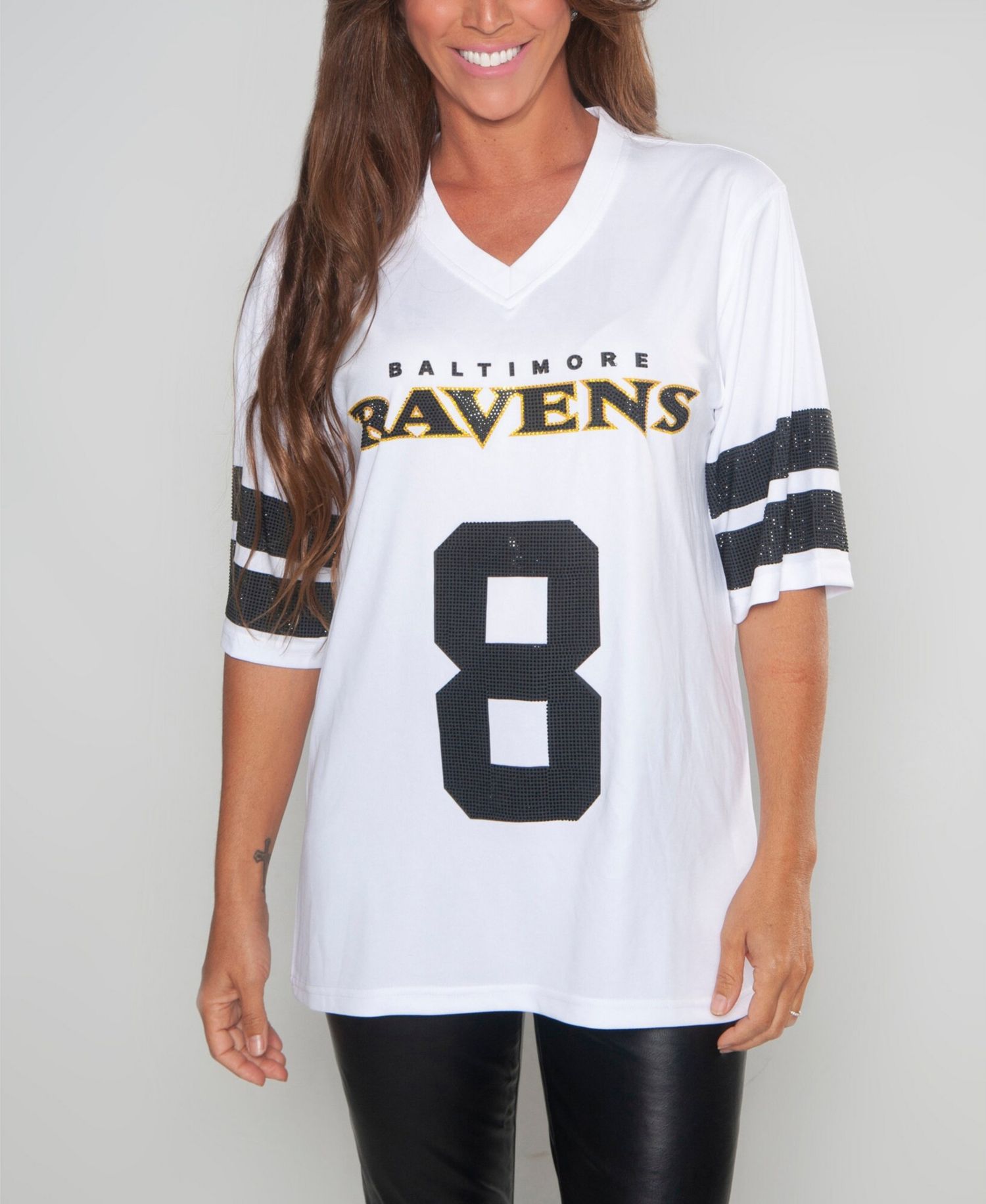Women's Lamar Jackson White Baltimore Ravens Crystal V-Neck Tunic Top