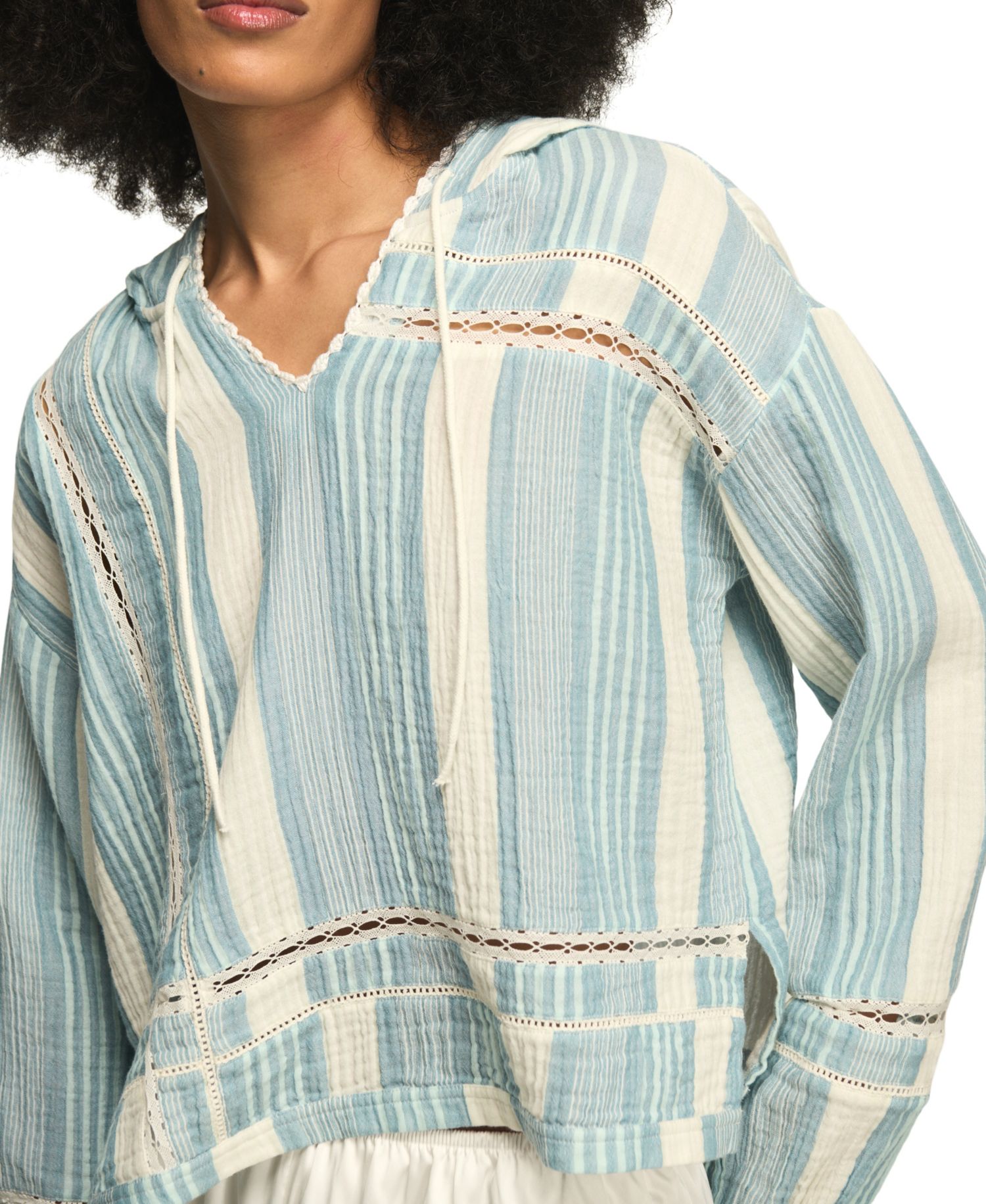 Women's Striped Lace Detail V-Neck Hoodie