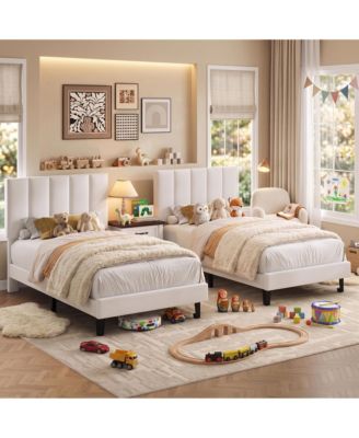 Set of 2 Size Bed Frame with Adjustable Height Vertical Channel Tufted Headboard, Upholstered Platform Bed Frame with Wooden Slats Support
