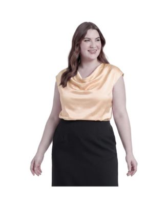 Plus Size Cowl Neck Cap Sleeve Satin Blouse