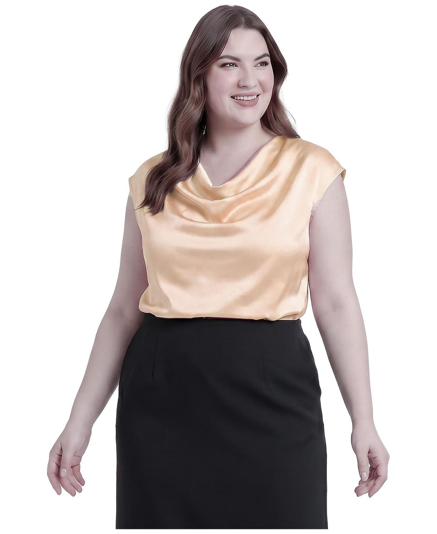 Plus Size Cowl Neck Cap Sleeve Satin Blouse