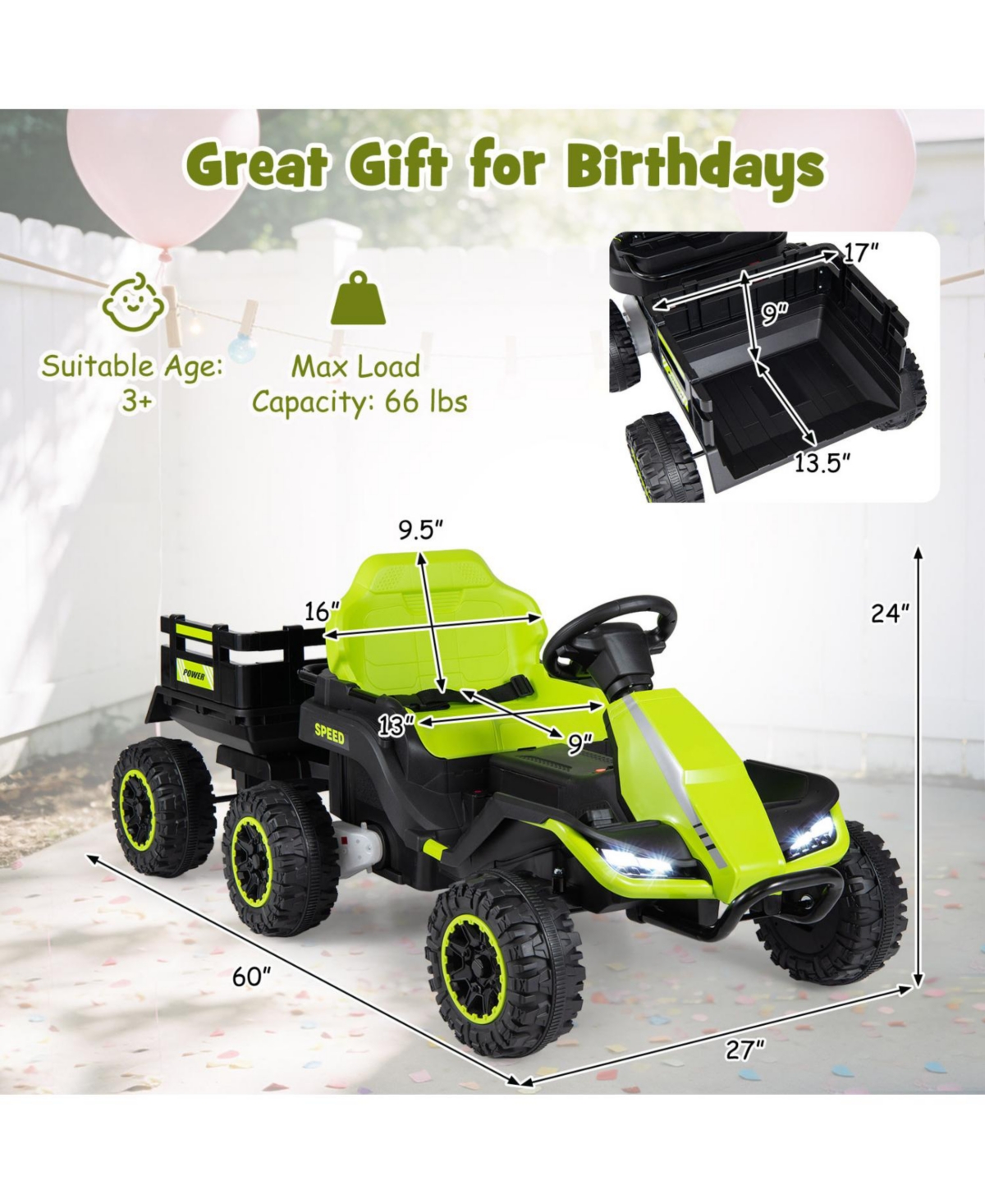 Slickblue Kid's Tractor Ride-On 24V with Detachable Trailer and Music System