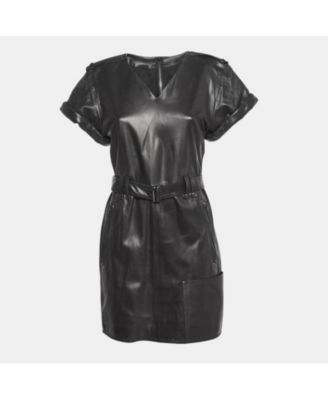 Women's Leather V-Neck Belted Mini Dress