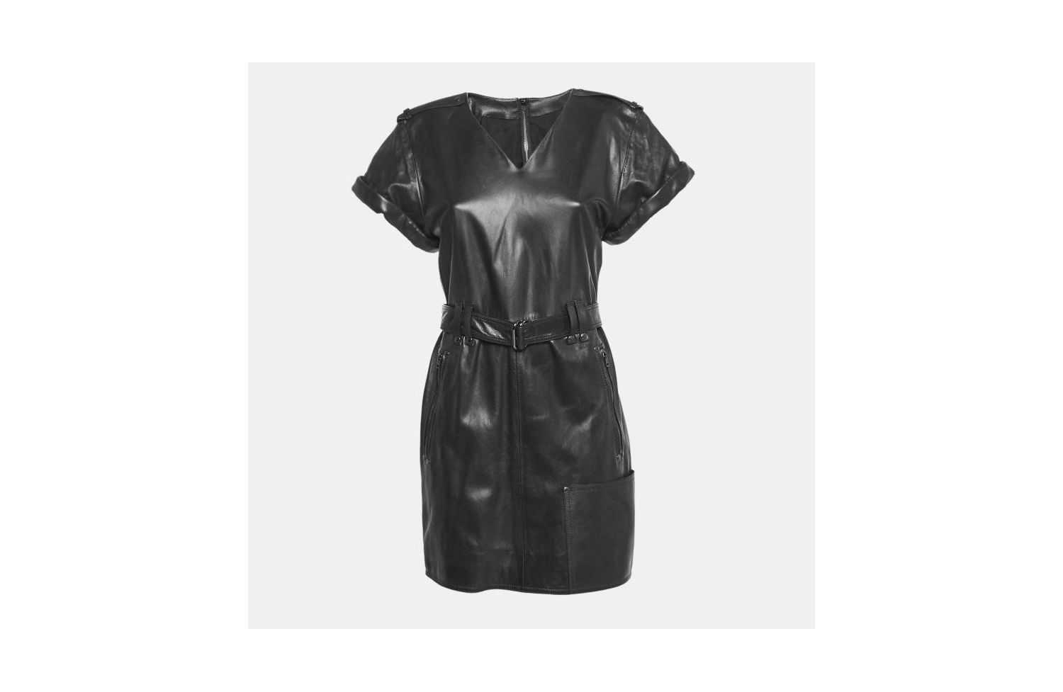 Women's Leather V-Neck Belted Mini Dress