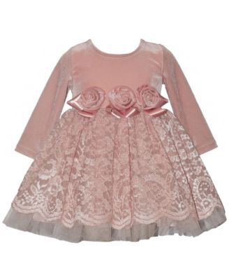 Girls' Embroidered Velvet Lace Long-Sleeve Dress with Diaper Cover, 2-Piece Set