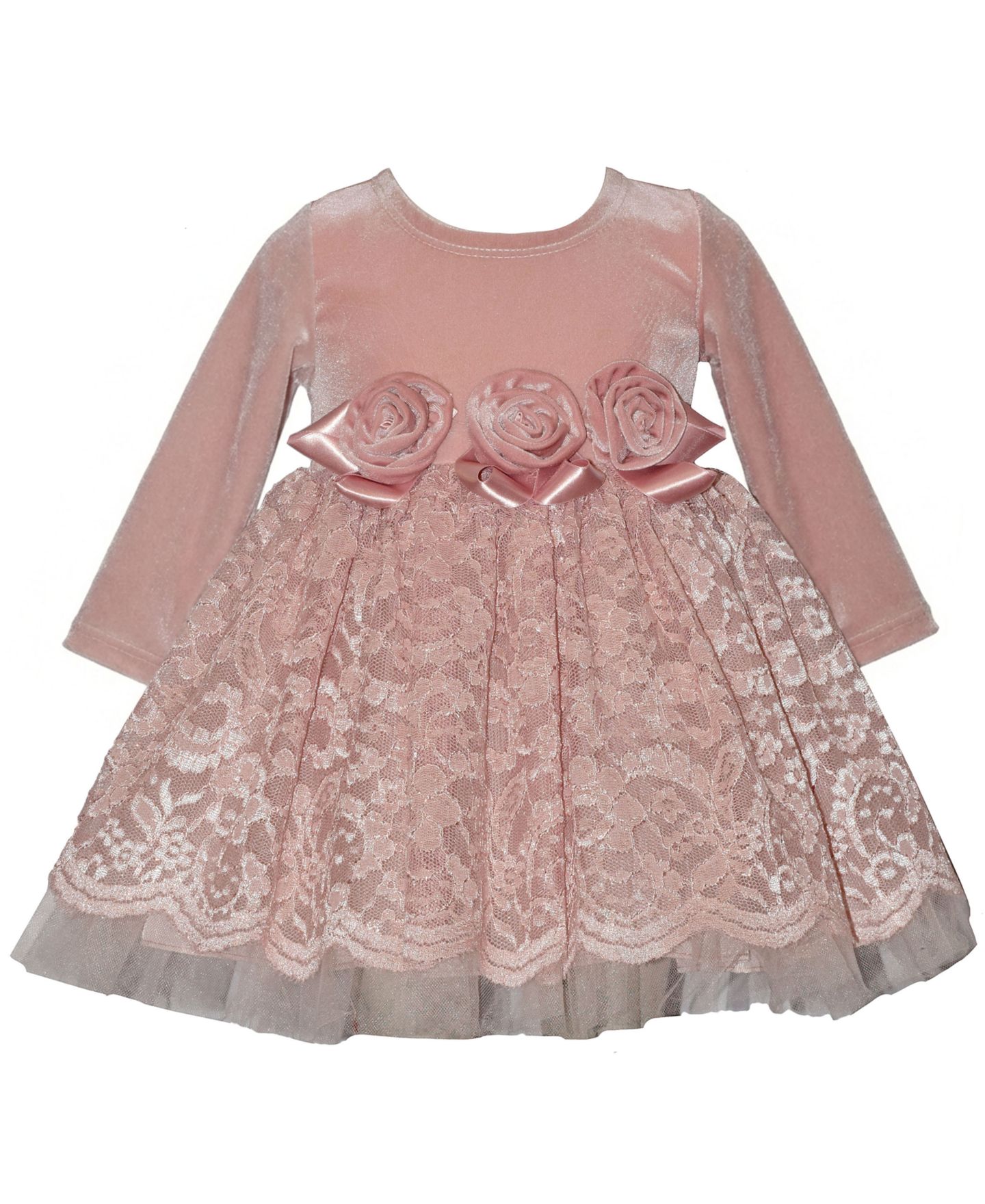 Платья Bonnie Baby Embroidered Velvet Lace Long-Sleeve Dress with Diaper Cover, 2-Piece Set для девочек, цвет: Пудровый — фото 1