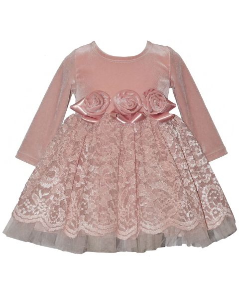 Платья Bonnie Baby Embroidered Velvet Lace Long-Sleeve Dress with Diaper Cover, 2-Piece Set для девочек, цвет: Пудровый