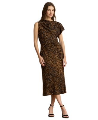 Women's Asymmetrical Neck Ocelot-Print Pleated Crepe Dress