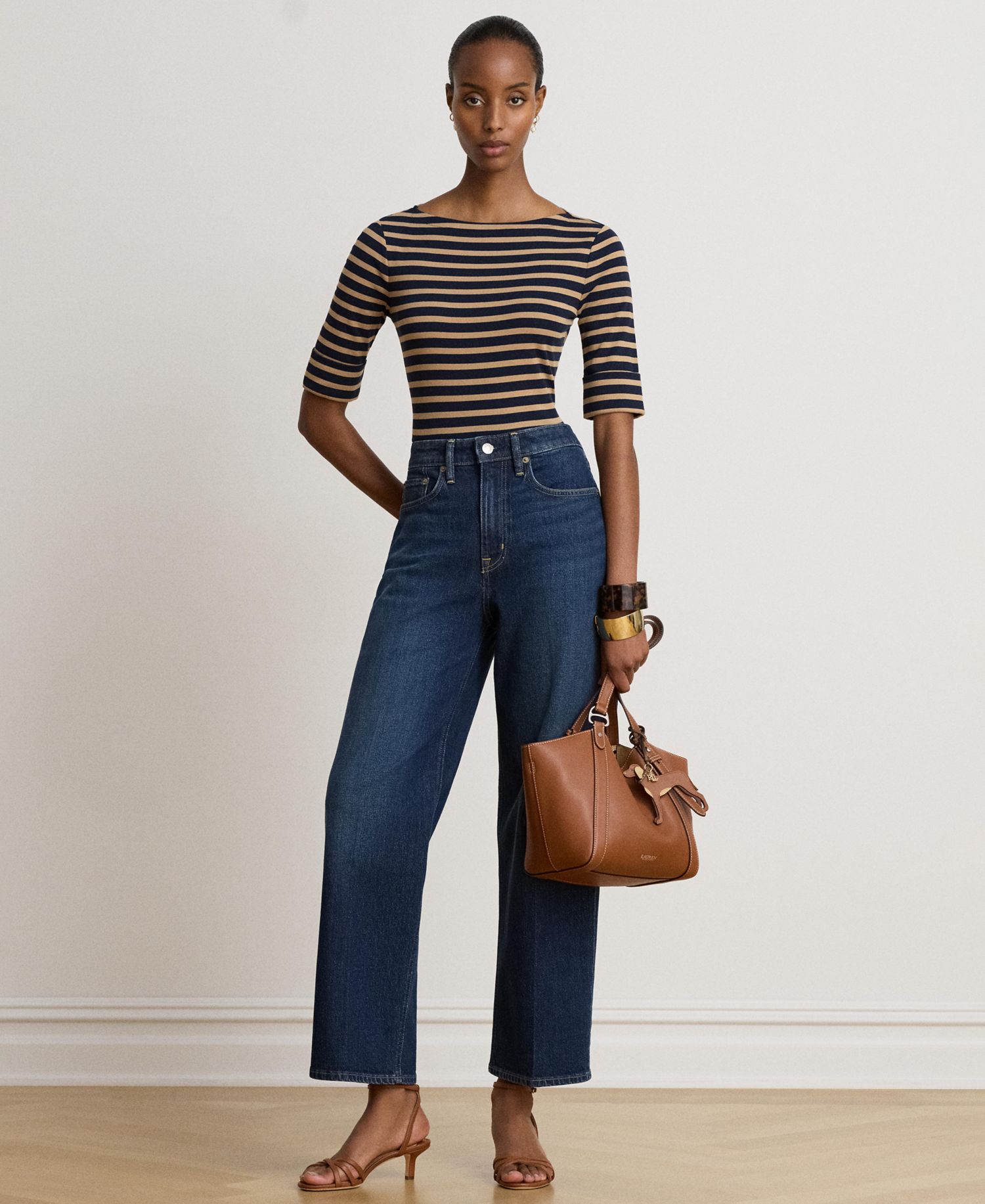 Petite Striped Stretch Cotton Boat Neck Top
