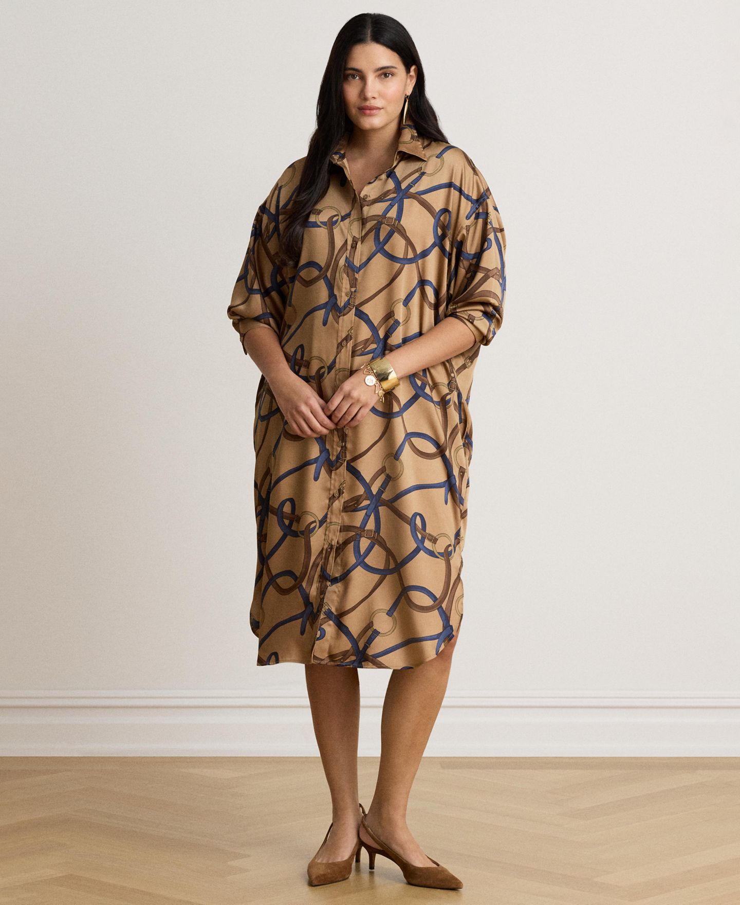 Женское платье Lauren Ralph Lauren Belting Print Collared Midi, цвет: Верблюжий разноцветный — фото 2