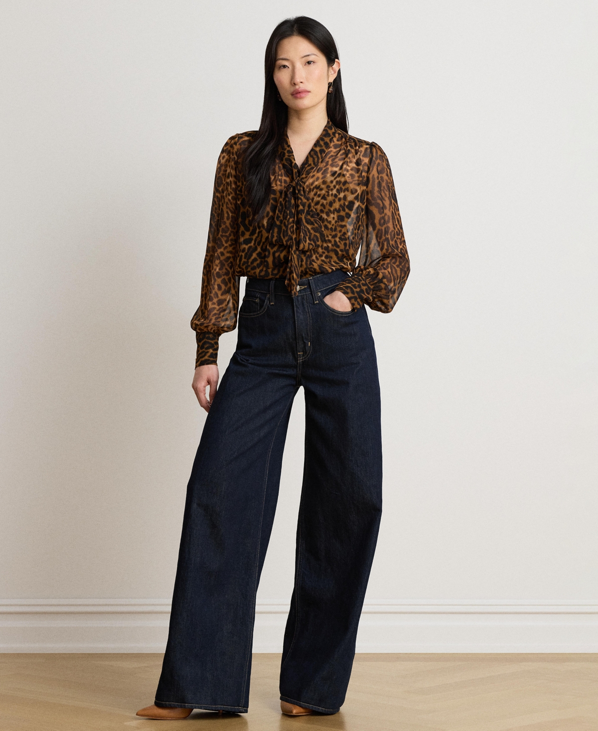 Lauren Ralph Women's Ocelot-Print Chiffon Tie-Neck Blouse