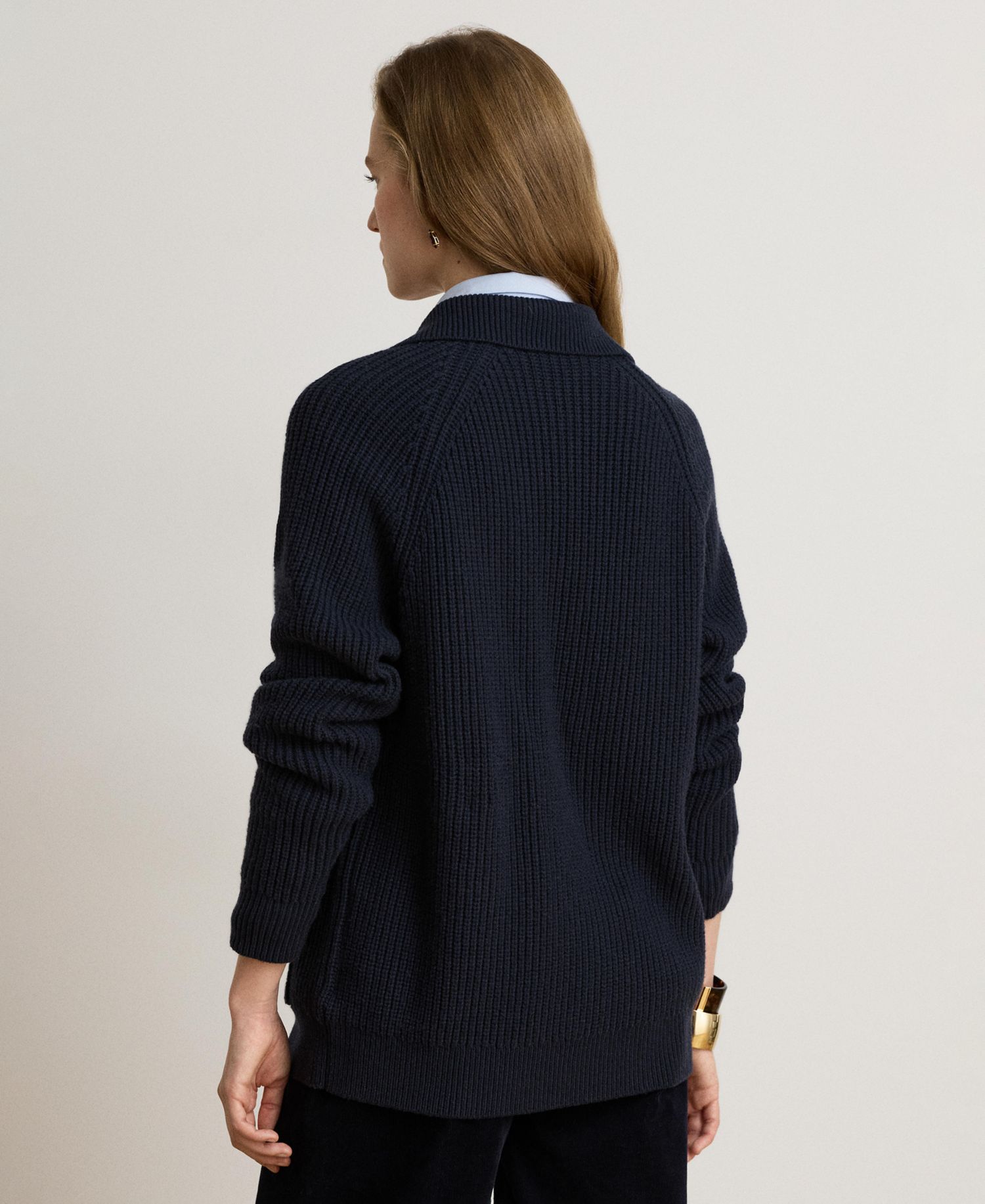 Women's Wool-Blend Rib-Knit Spread Collar Cardigan
