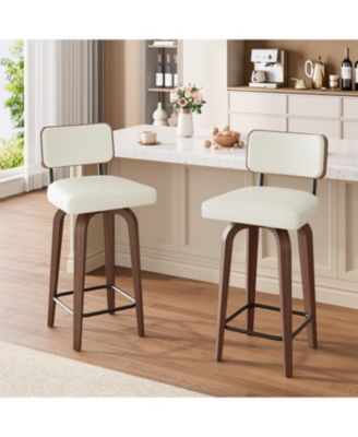 Set of 2 Swivel Bar Stools, 26 Inch Upholstered Counter Height Bar Stools with Back and Wood Legs