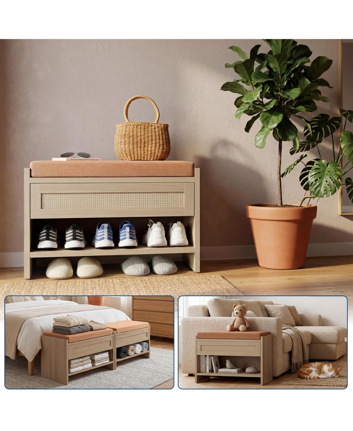homfan Rattan Entryway Shoe Bench with Storage Drawer and Linen Cushion – Wooden Open Shelf Comfortable Seat