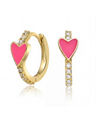 Dainty 14K Gold Plated CZ and Enamel Inlay Huggie Hoop Earrings