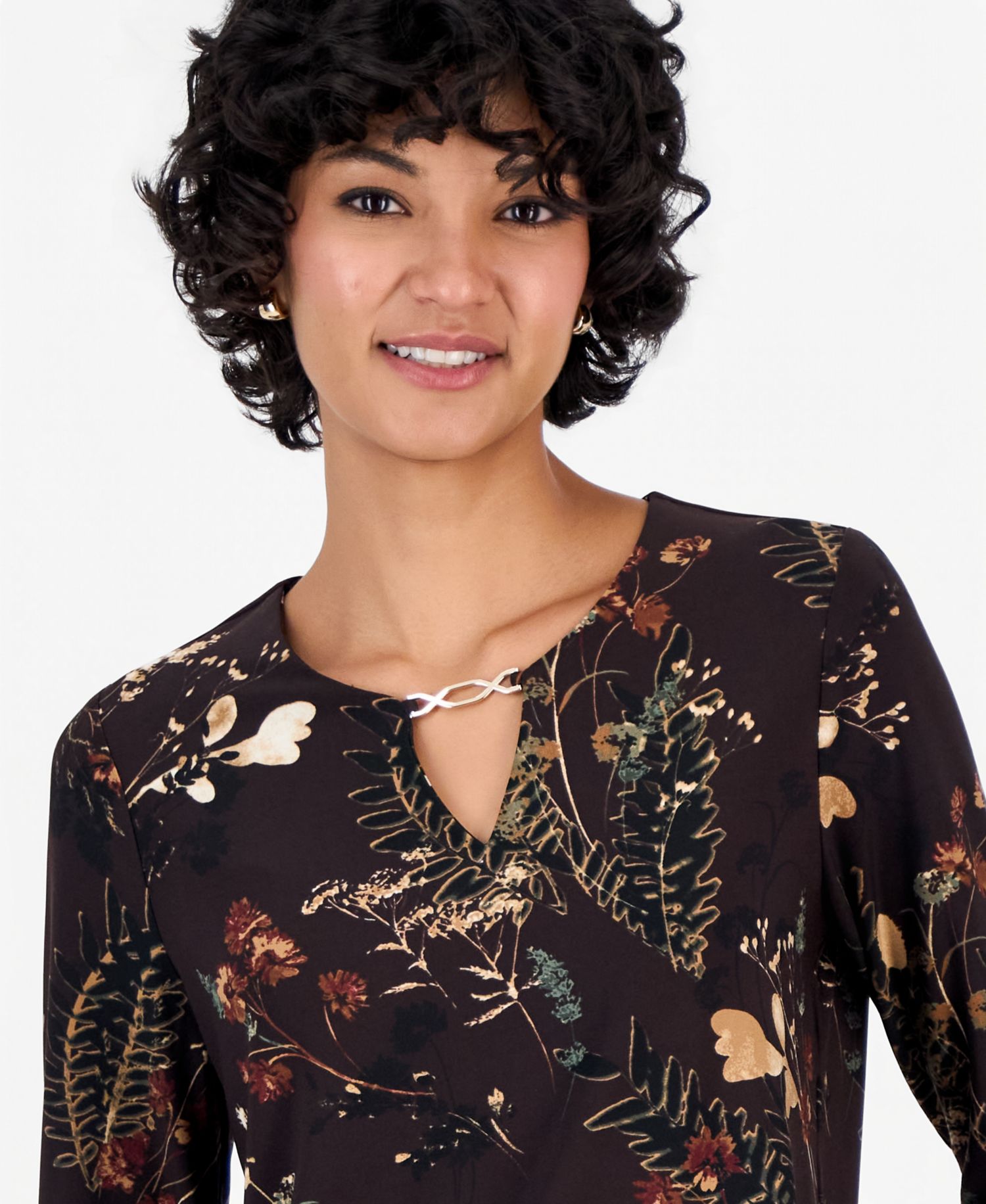 Petite 3/4-Sleeve Floral-Print Keyhole Top