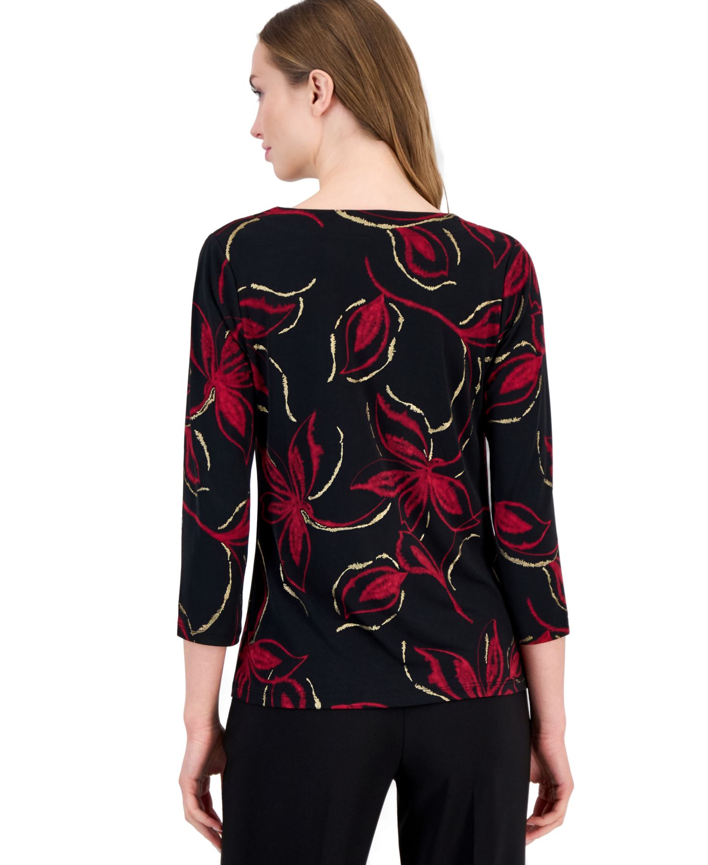 Женская блузка Anne Klein Floral-Print 3/4-Sleeve Cowl Neck, цвет: Чёрный разноцветный — фото 4