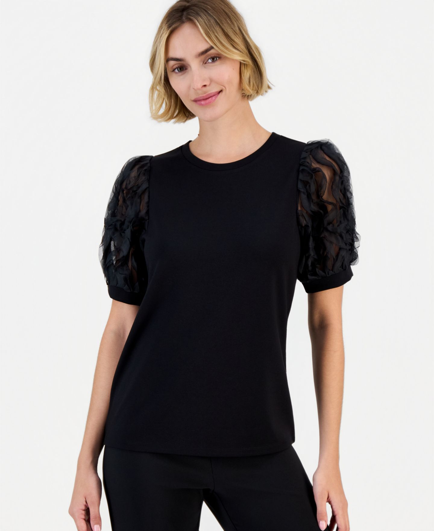 Женский топ Anne Klein Serenity Knit Puff Sleeve Crewneck, цвет: Чёрный — фото 1