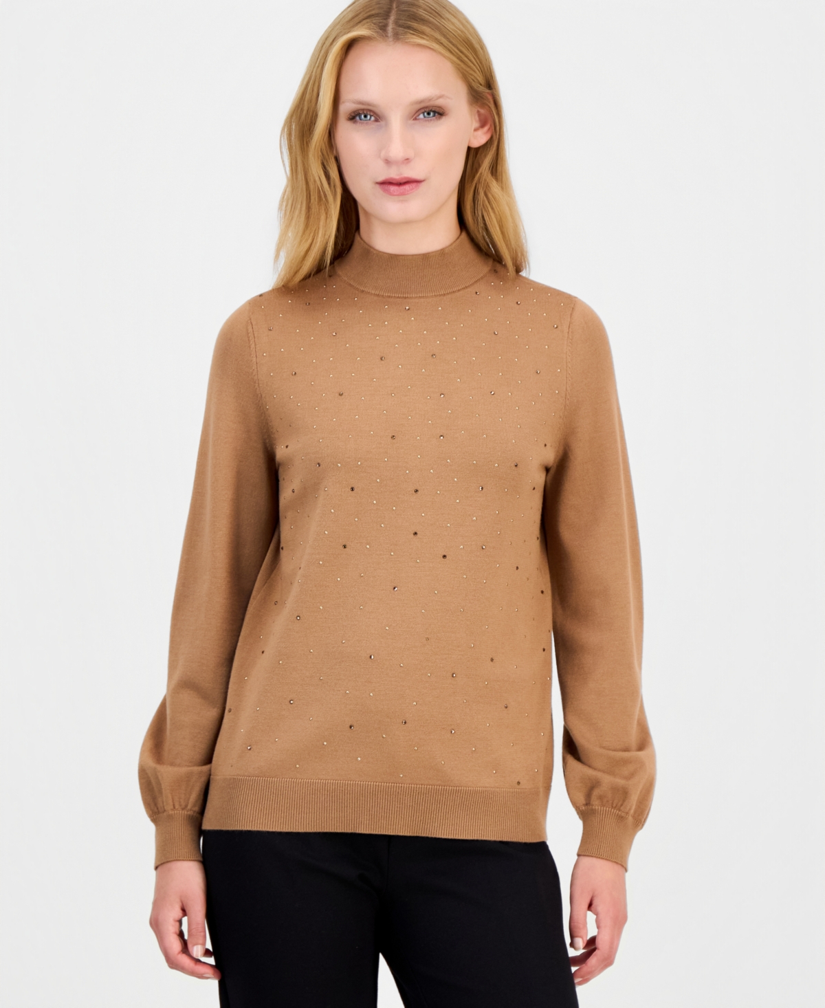 Anne Klein Women's Mock Neck Puff Sleeve Embellished Sweater