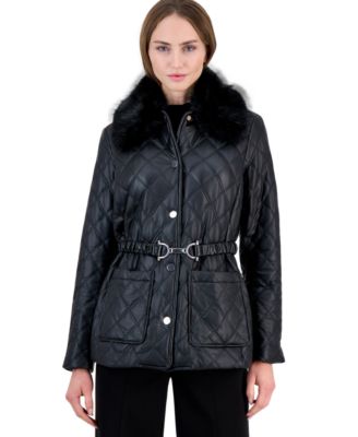 Women's Double-Diamond Quilted Removable Faux-Fur Collar Jacket