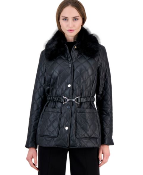Женская куртка Anne Klein Petite Belted Double-Diamond-Quilted, цвет: Чёрный