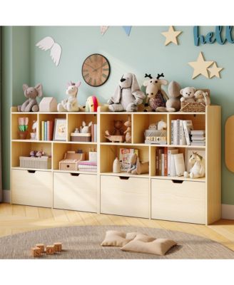 2 Set of Toy Storage Organizer with Movable Drawers, Bookshelf with Hidden Wheels and 5 Open Cubbies, Multifunctional Floor Storage