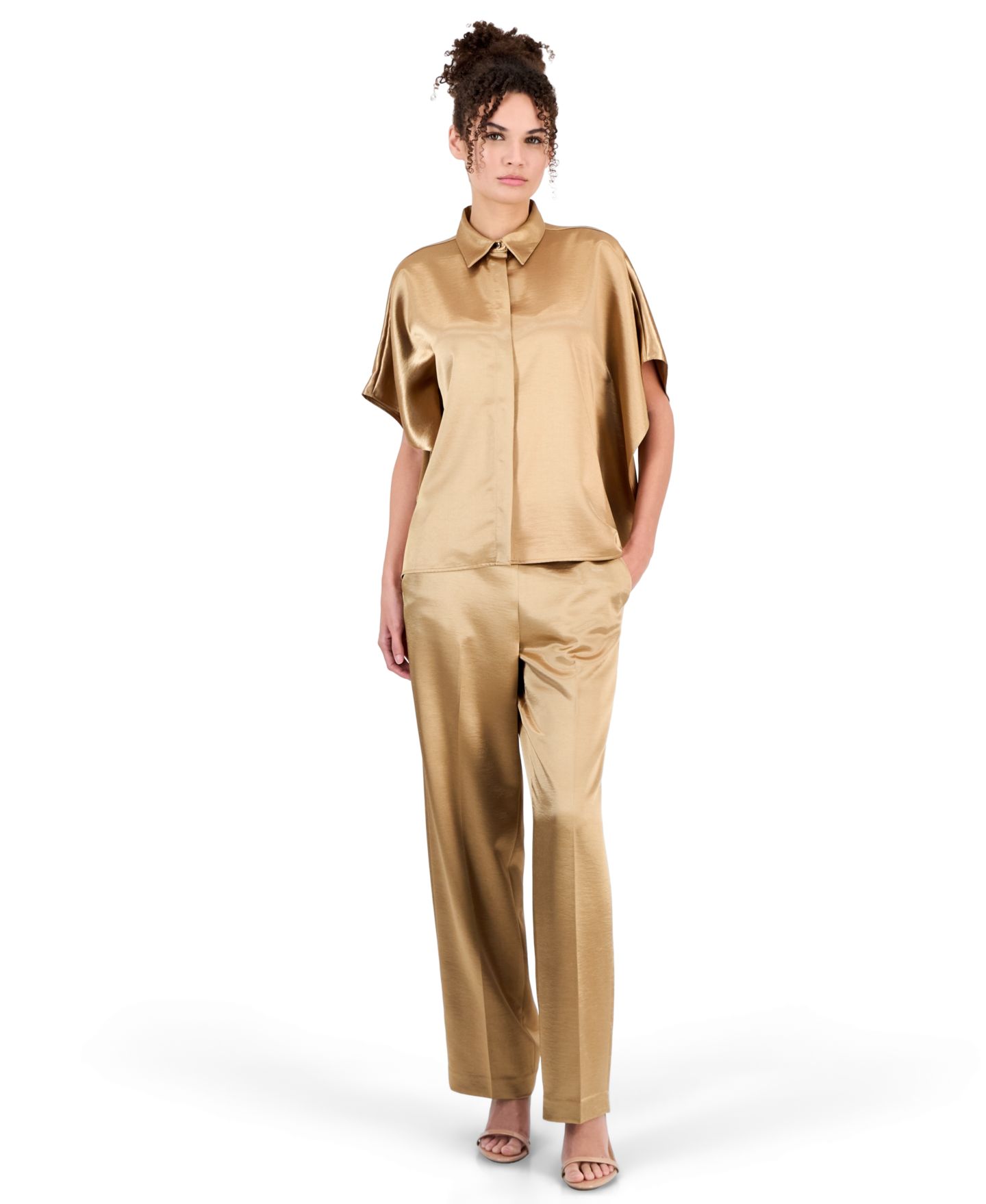 Женская блузка Anne Klein Collared Dolman-Sleeve Satin, цвет: Vicuna — фото 2