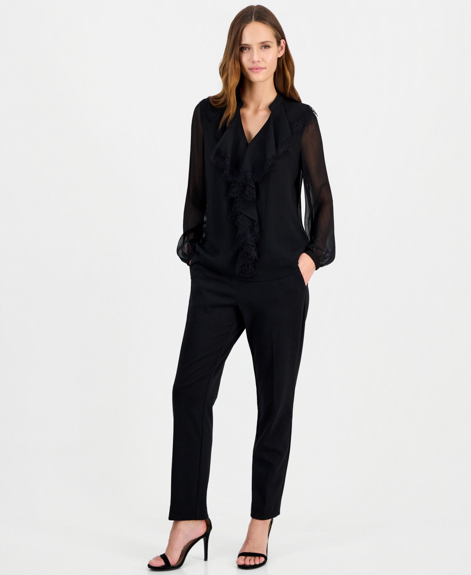 Women's Long-Sleeve Chiffon Ruffle Neck Blouse