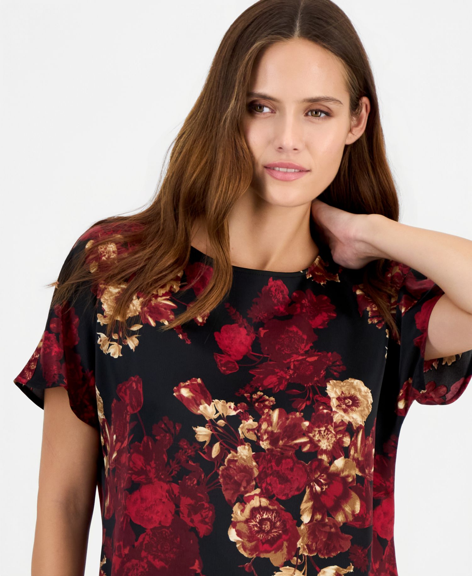 Petite Bateau Neck Floral-Print Blouse