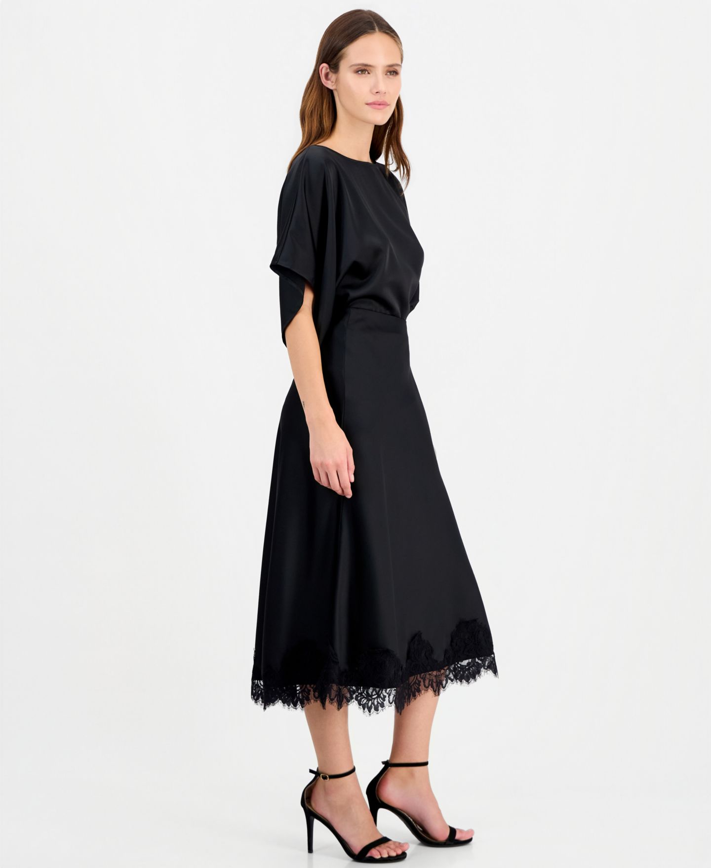 Женская юбка Anne Klein Lace-Trim Midi Satin, цвет: Чёрный — фото 3