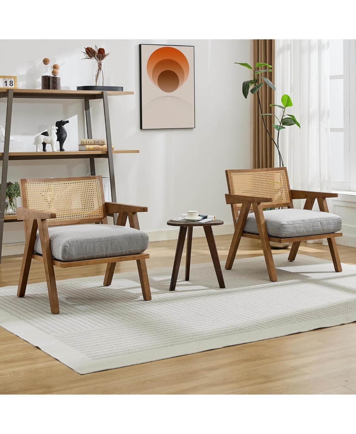 gaomon Mid Century Accent Chairs Set of 2, Rattan & Linen Cushion Armchairs