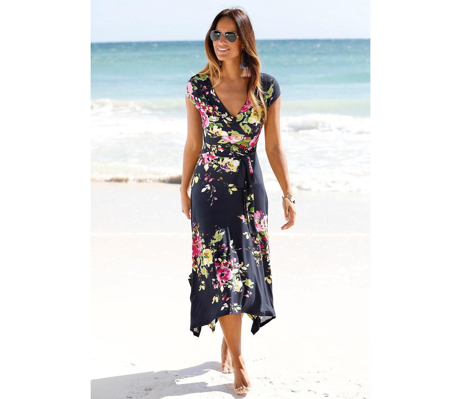 Women's Viscose Printed Handkerchief Hem Style V-Neck Midi Dress