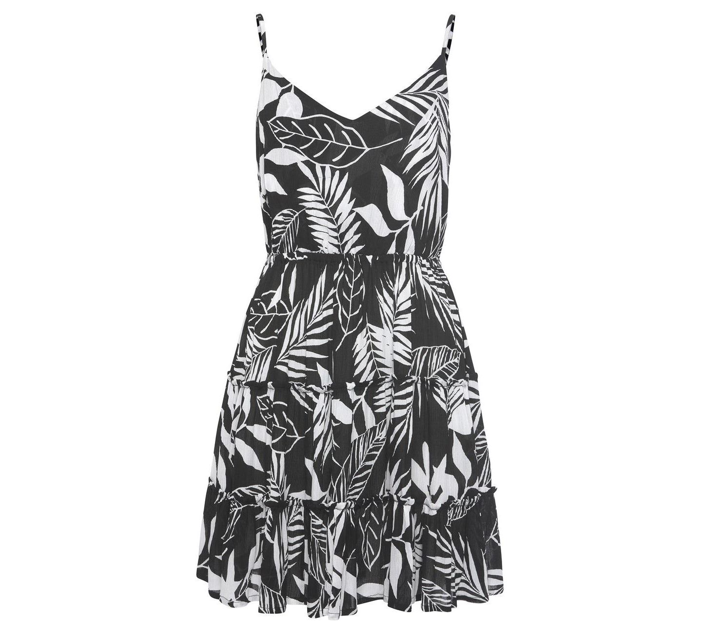 Женское платье LASCANA Viscose Tropical Print Fit-and-Flare V-Neck Short, цвет: Чёрный / Белый — фото 4