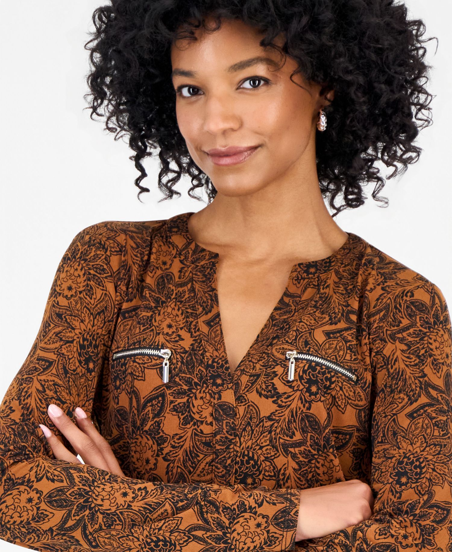 Petite Floral Arrangement V-Neck Zipper-Pocket Long-Sleeve Blouse