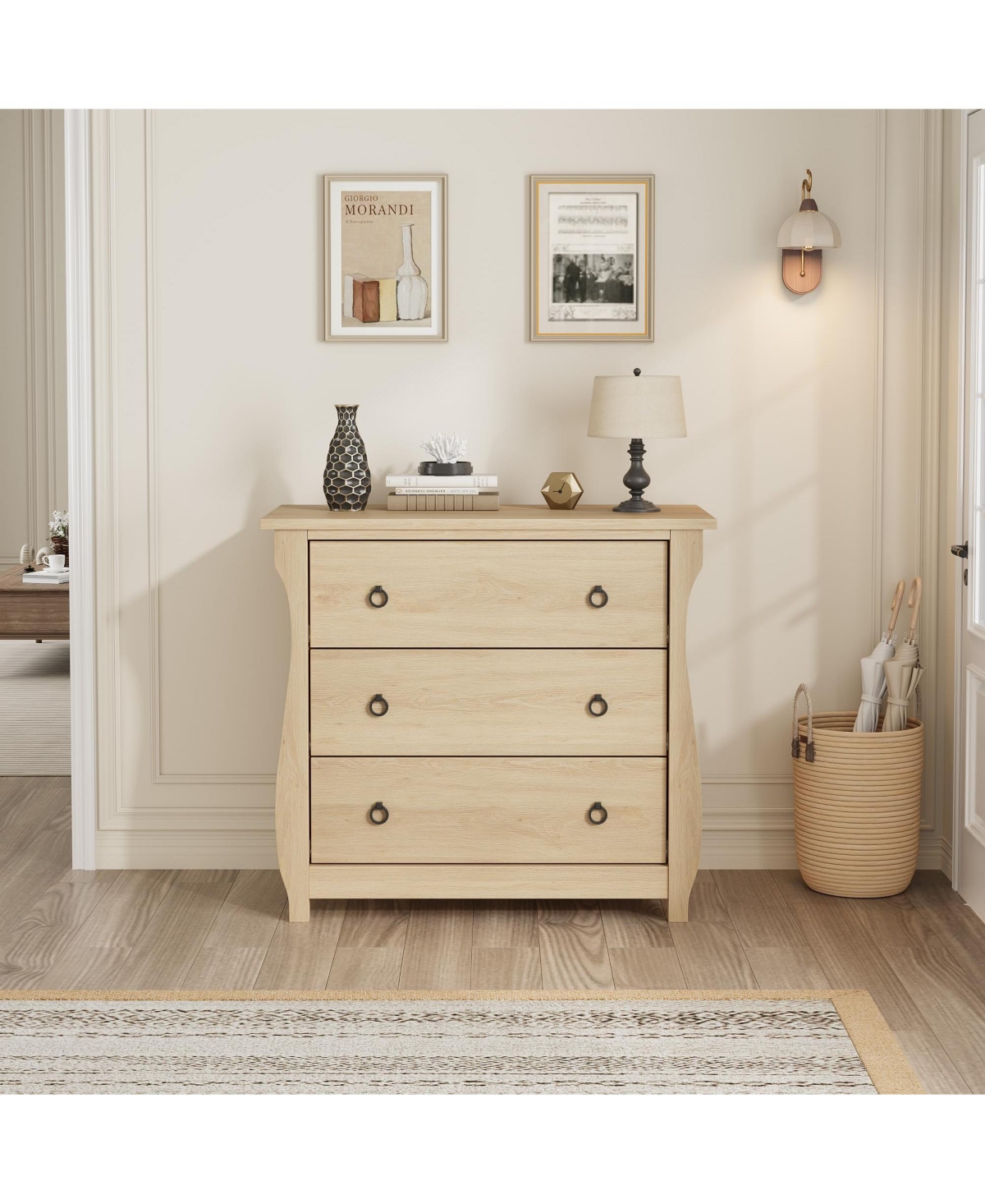 homfan 3 Drawer Dresser for Bedroom Chest of Drawers with Metal Ring Pull Handles, Wooden Storage for Living Room Entryway Hallway