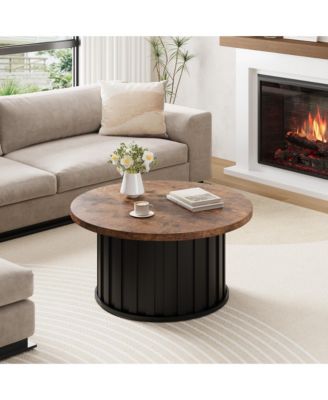 31.9" Round Coffee Table – Mid-Century Modern with Fluted Texture and Metal Base, Living Room Apartment Small Space