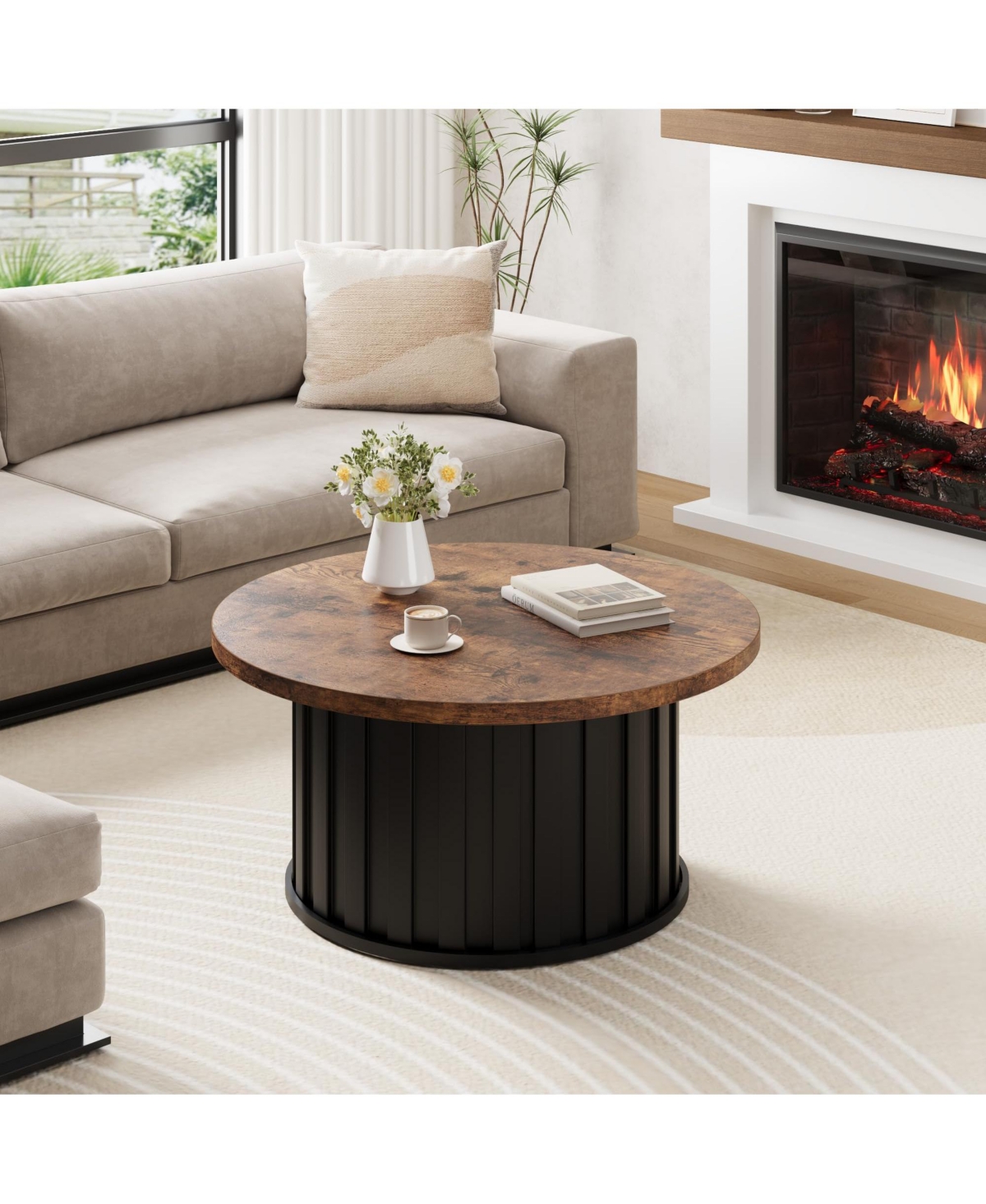 homfan 31.9" Round Coffee Table – Mid-Century Modern with Fluted Texture and Metal Base, Living Room Apartment Small Space