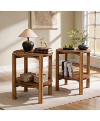 2-Tier Solid Wood Round Side Table Set of 2, Farmhouse Rustic Nightstand, Small End Table