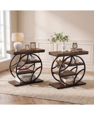 Side Table with 4-Tier Storage Shelf Set of 2, 25-Inch Living Room Narrow End Table, Small Industrial Nightstand with Geometric Metal Frame