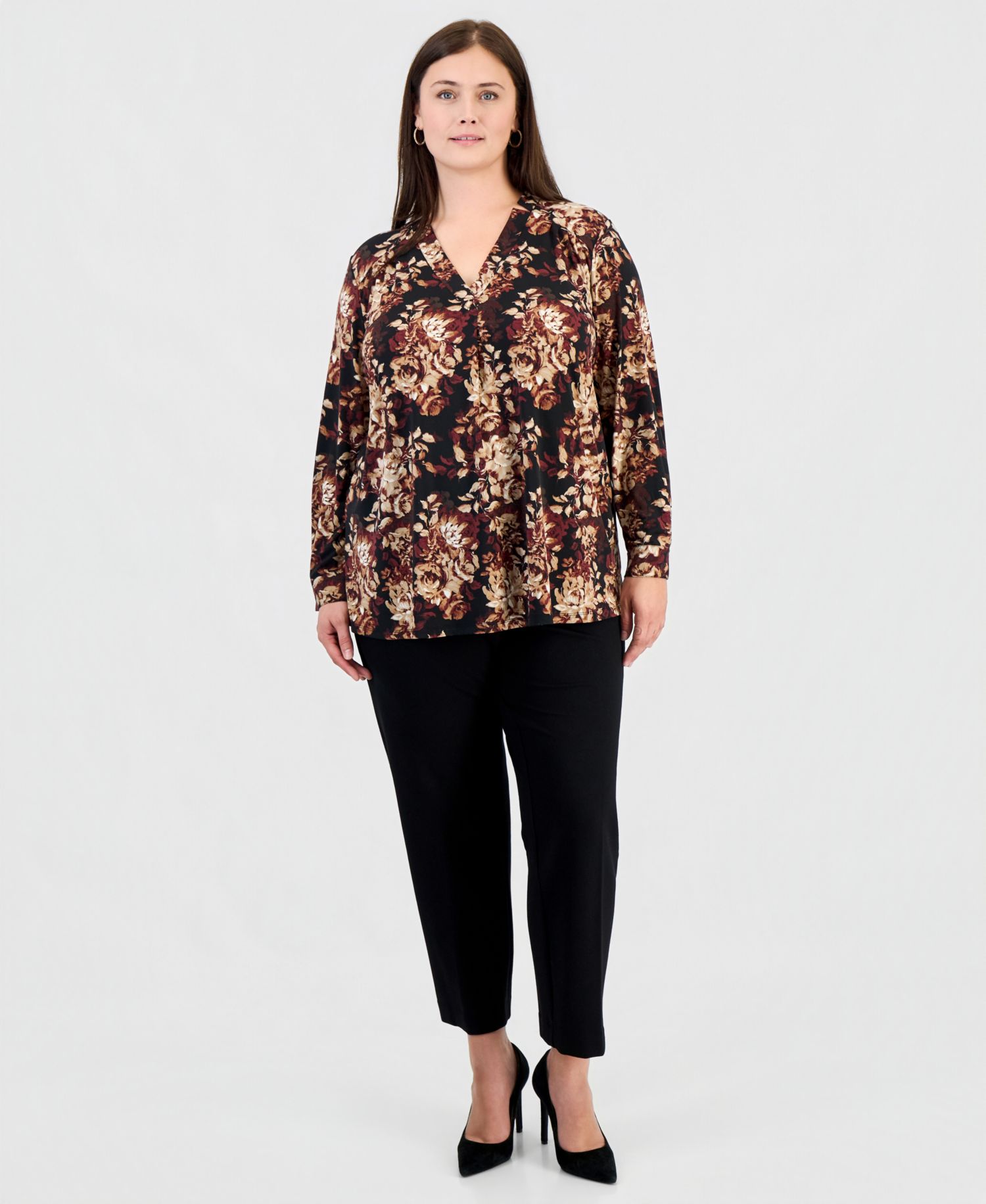 Plus Size Long Sleeve Floral Split Neck Blouse
