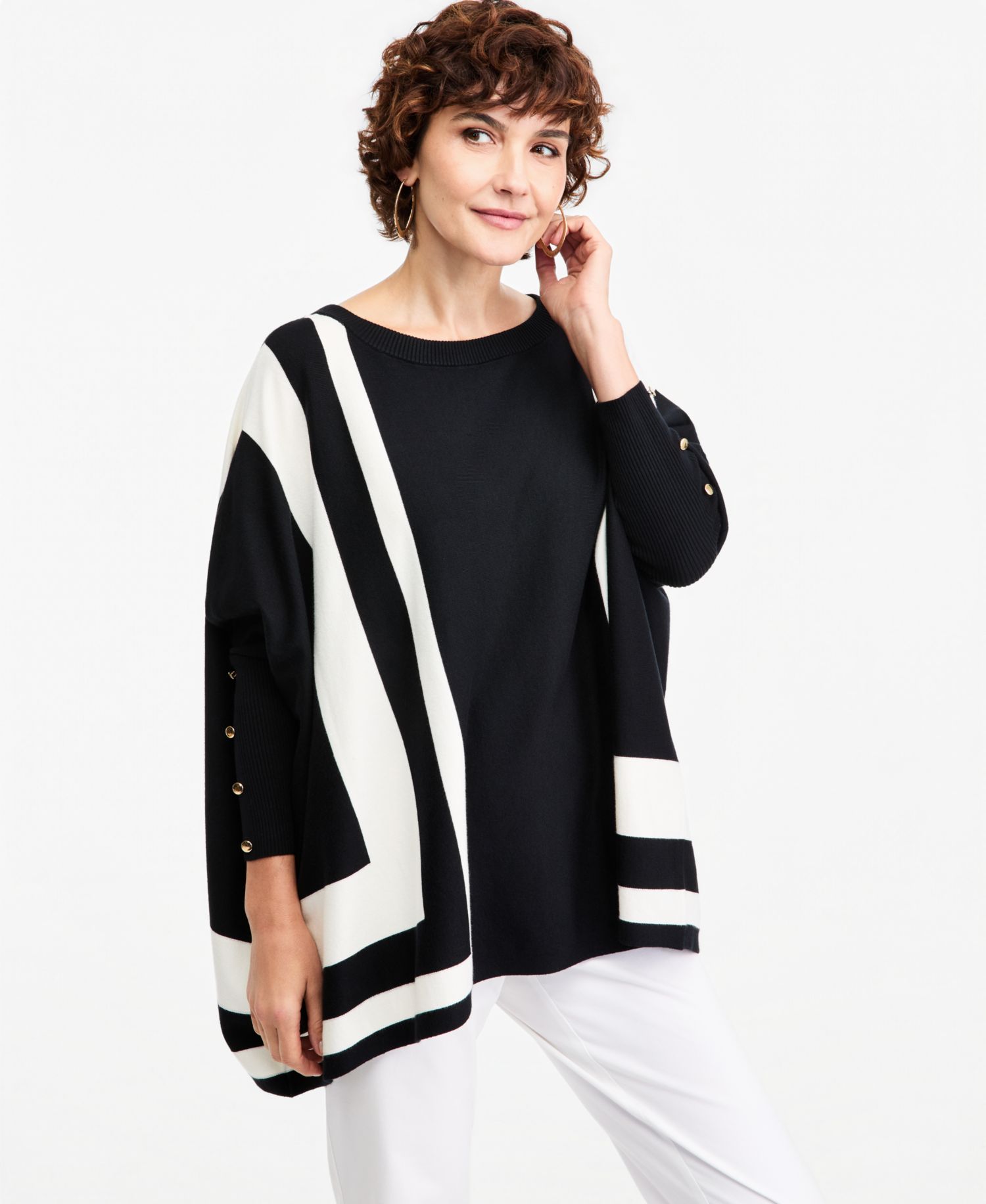 Women's Stripe Boat-Neck 3/4-Sleeve Poncho