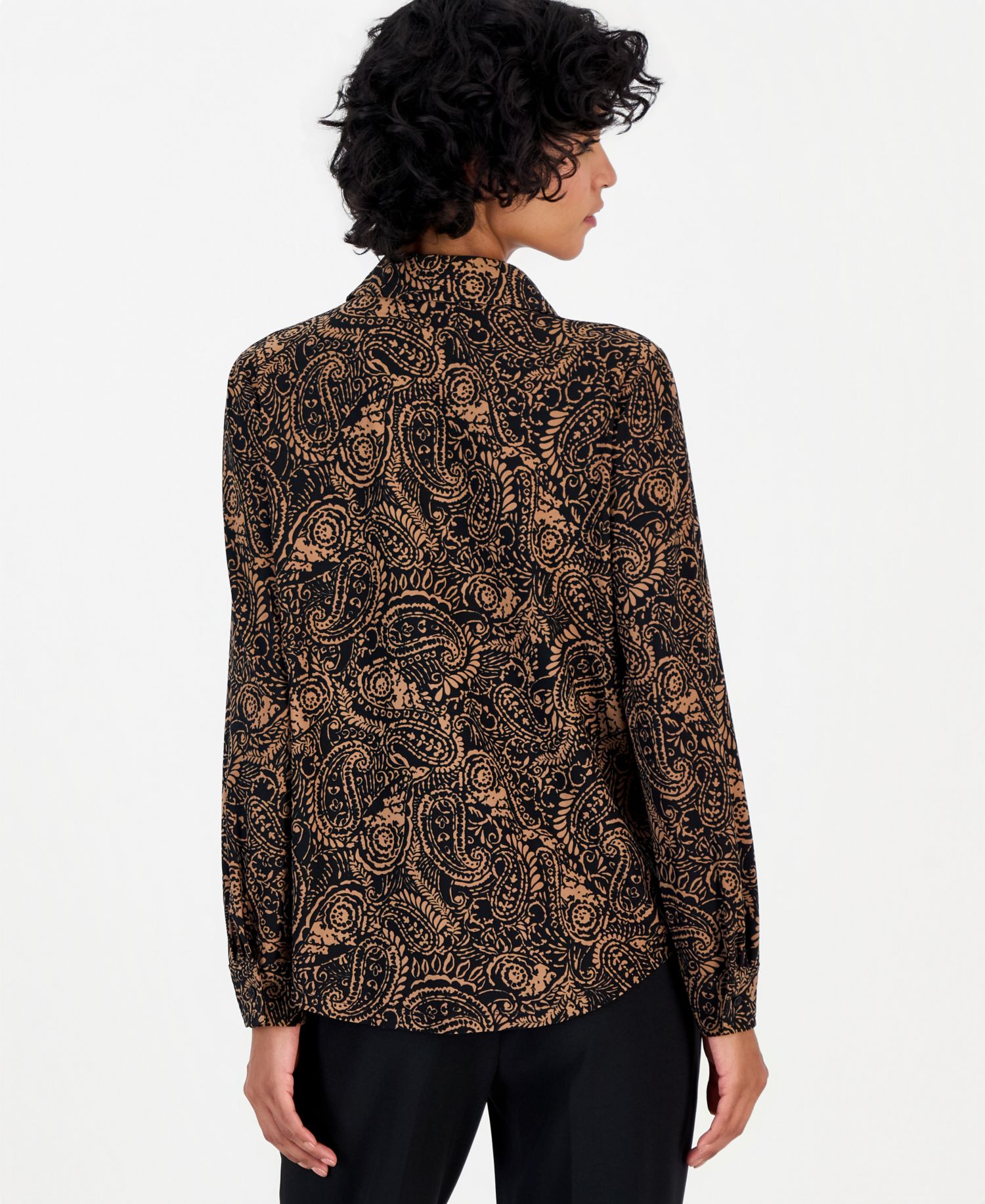 Women's Petite Long-Sleeve Paisley Point-Collar Button Down Shirt