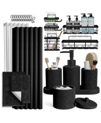 Complete Burlap Texture Polyresin Bathroom D&eacute;cor and Accessory Set with Shower Curtain, Shower Caddy Set and Bath Rugs
