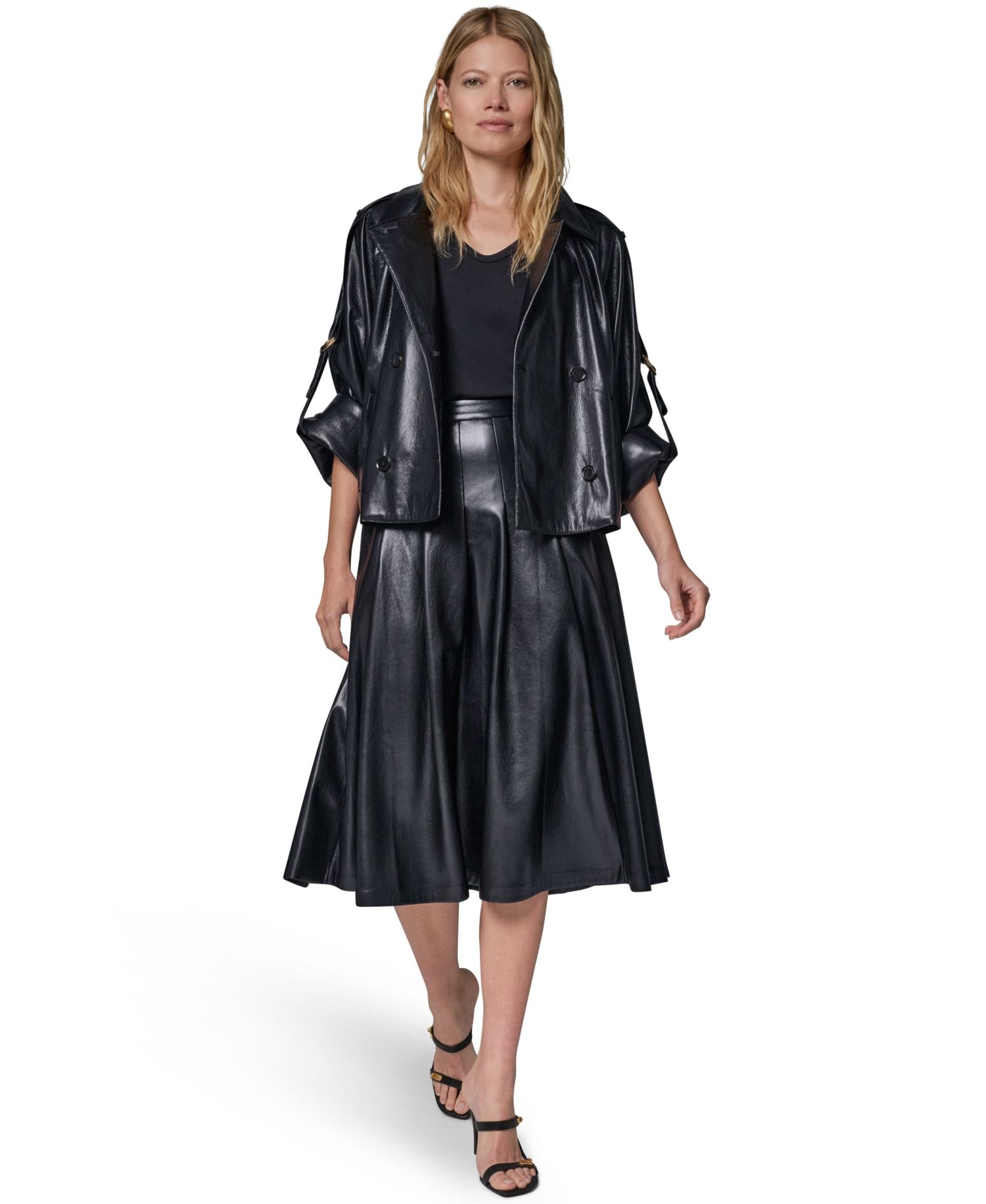 Petite Faux Leather Roll-Sleeve Collared Short Jacket