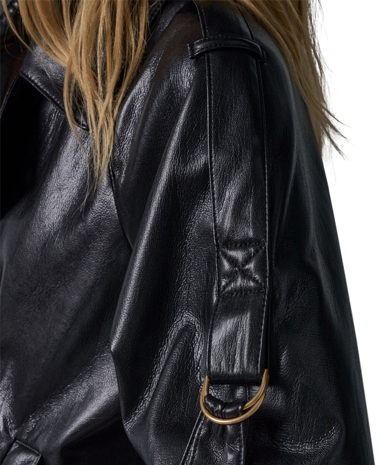 Petite Faux Leather Roll-Sleeve Collared Short Jacket